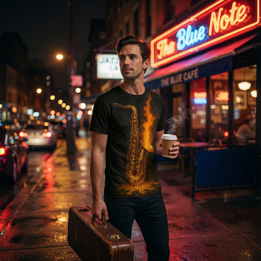Flame Saxophone Tee — Fiery Jazz Music Graphic T-Shirt