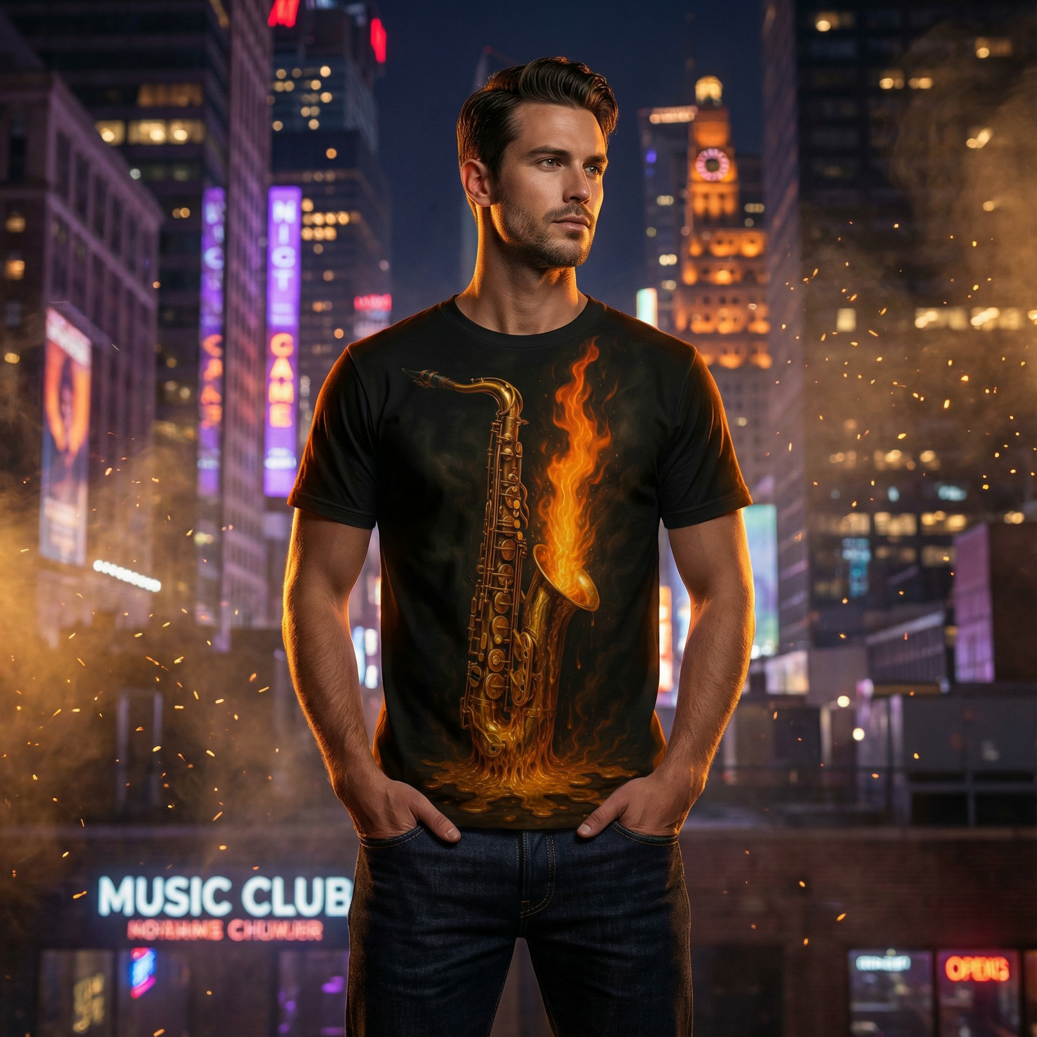Flame Saxophone Tee — Fiery Jazz Music Graphic T-Shirt
