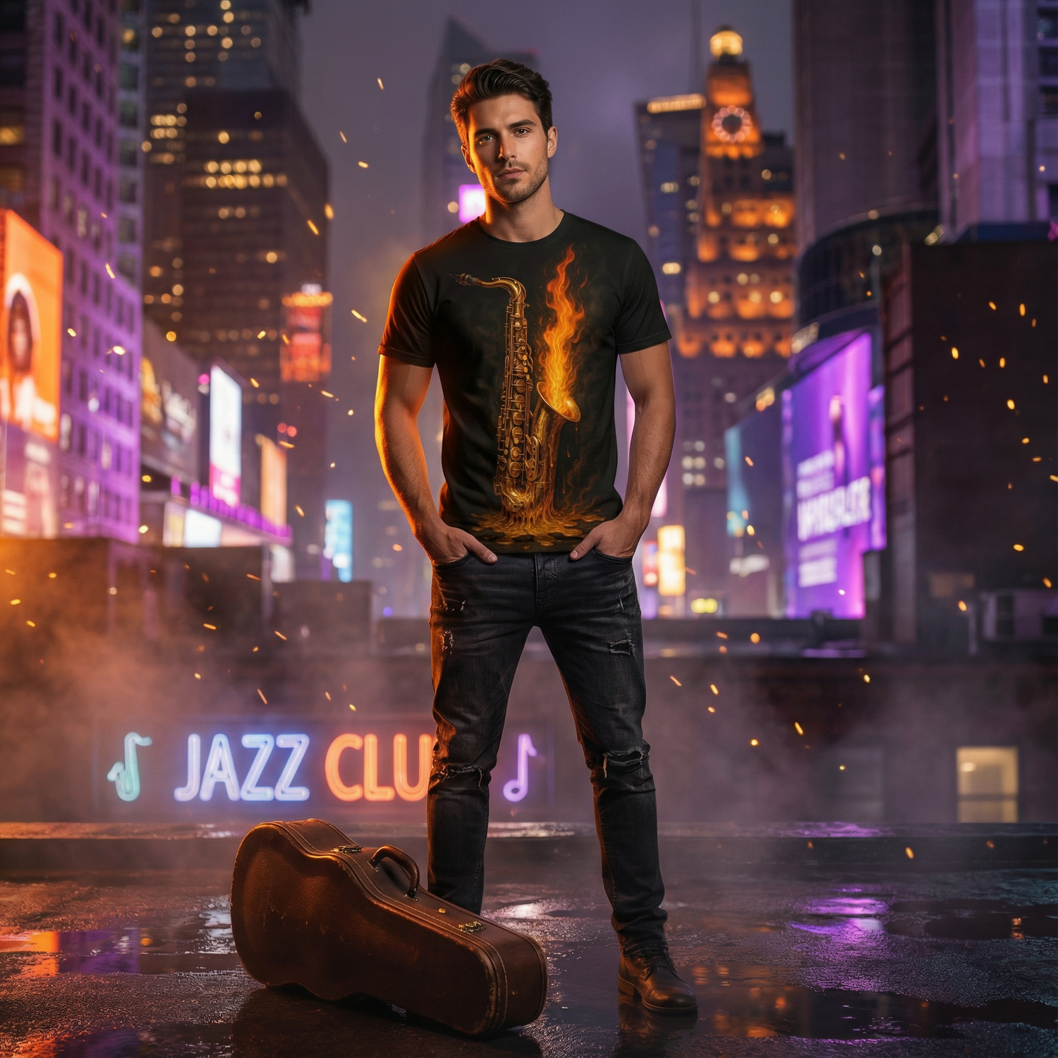 Flame Saxophone Tee — Fiery Jazz Music Graphic T-Shirt