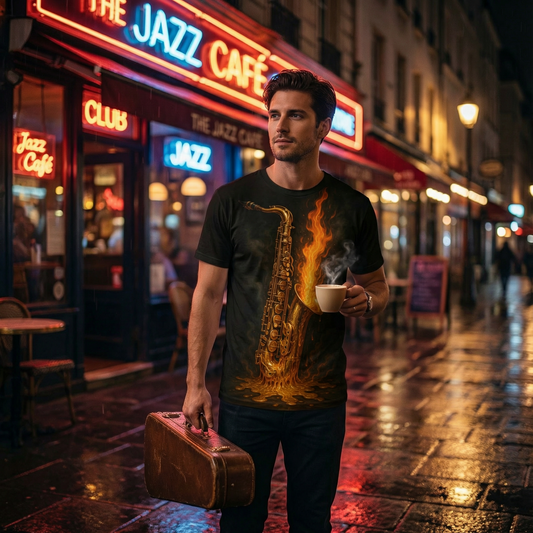 Flame Saxophone Tee — Fiery Jazz Music Graphic T-Shirt